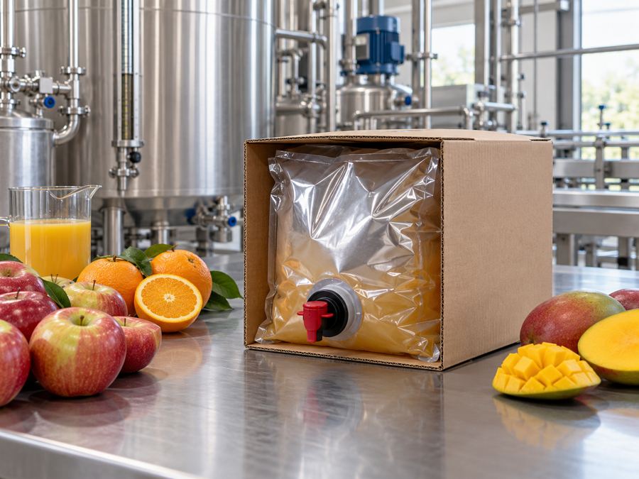 Illustrative bag-in-box packaging for juice and fruit puree in a processing plant