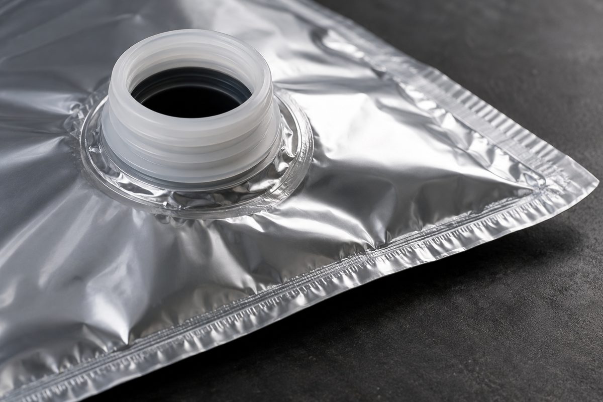 Illustrative close-up of the filling spout sealed to a metallized aseptic bag