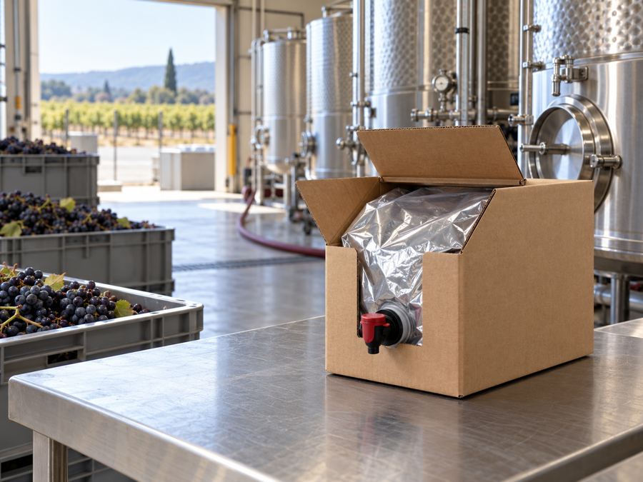 Illustrative wine bag-in-box packaging in a winery