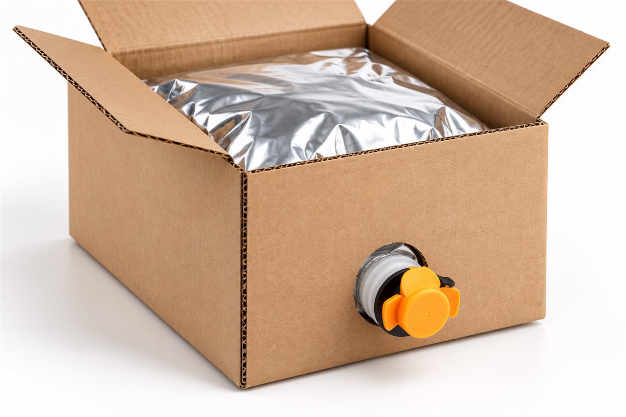 Illustration of a dispensing tap extending from a silver inner bag through a corrugated box