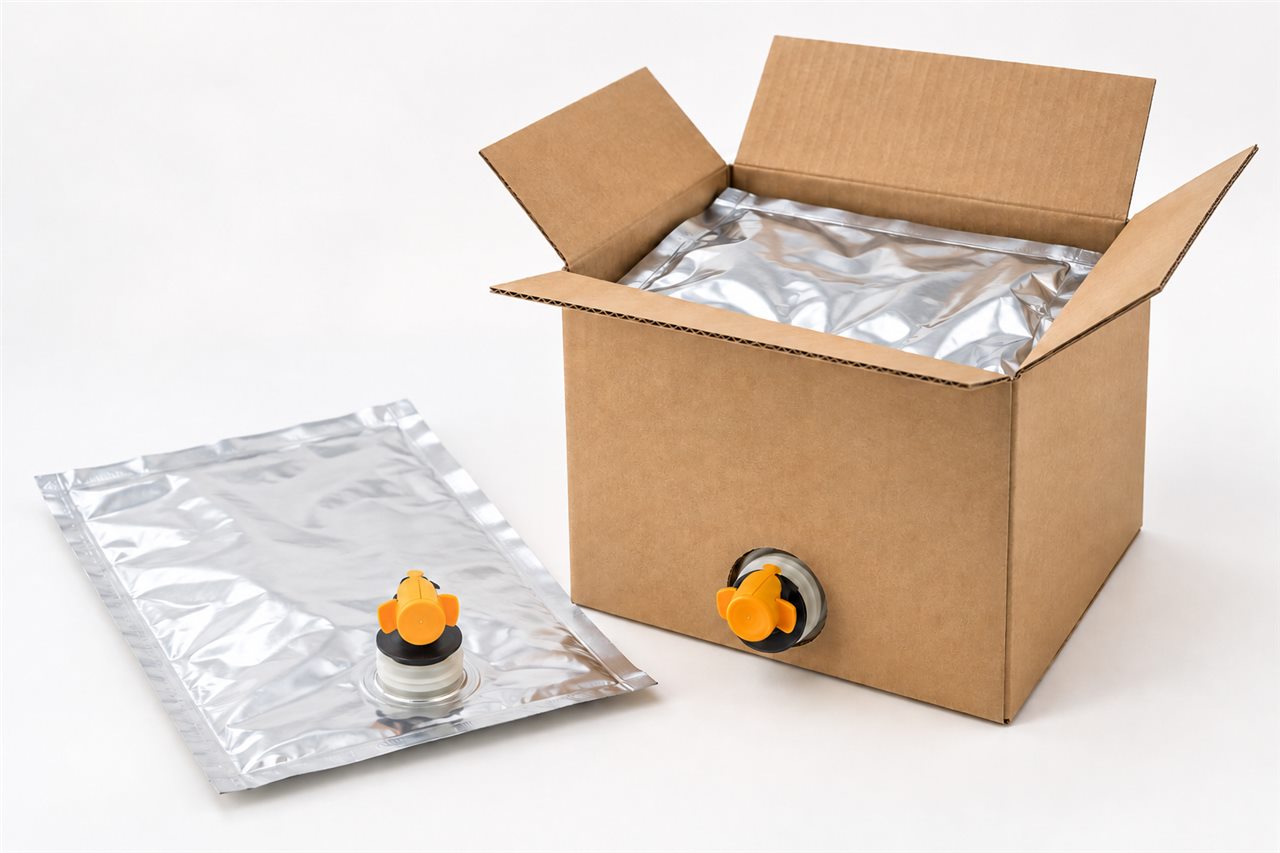 Illustration of an open corrugated bag-in-box carton with a silver flexible inner bag and dispensing tap